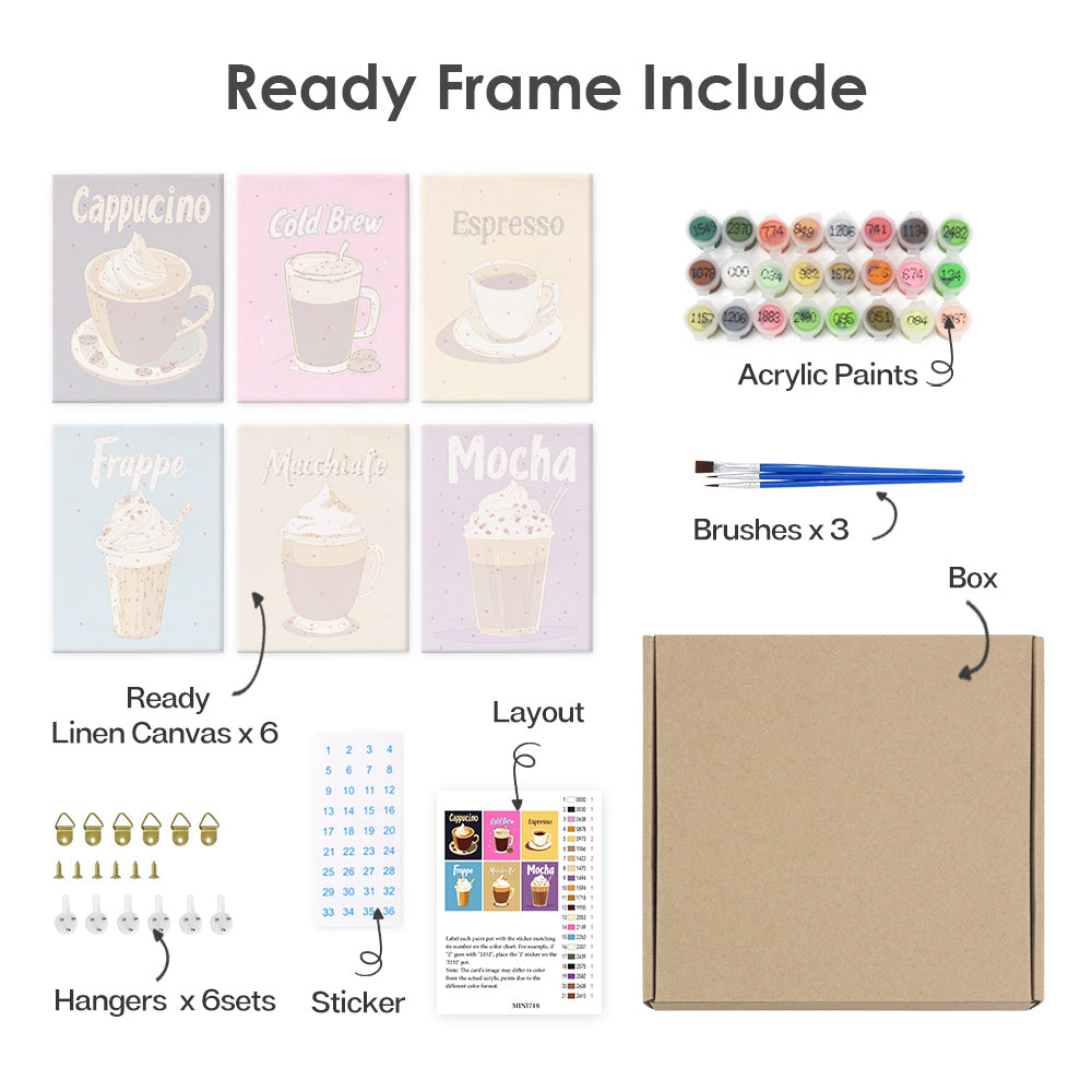 6 Mini Paintings - Colorful coffee set