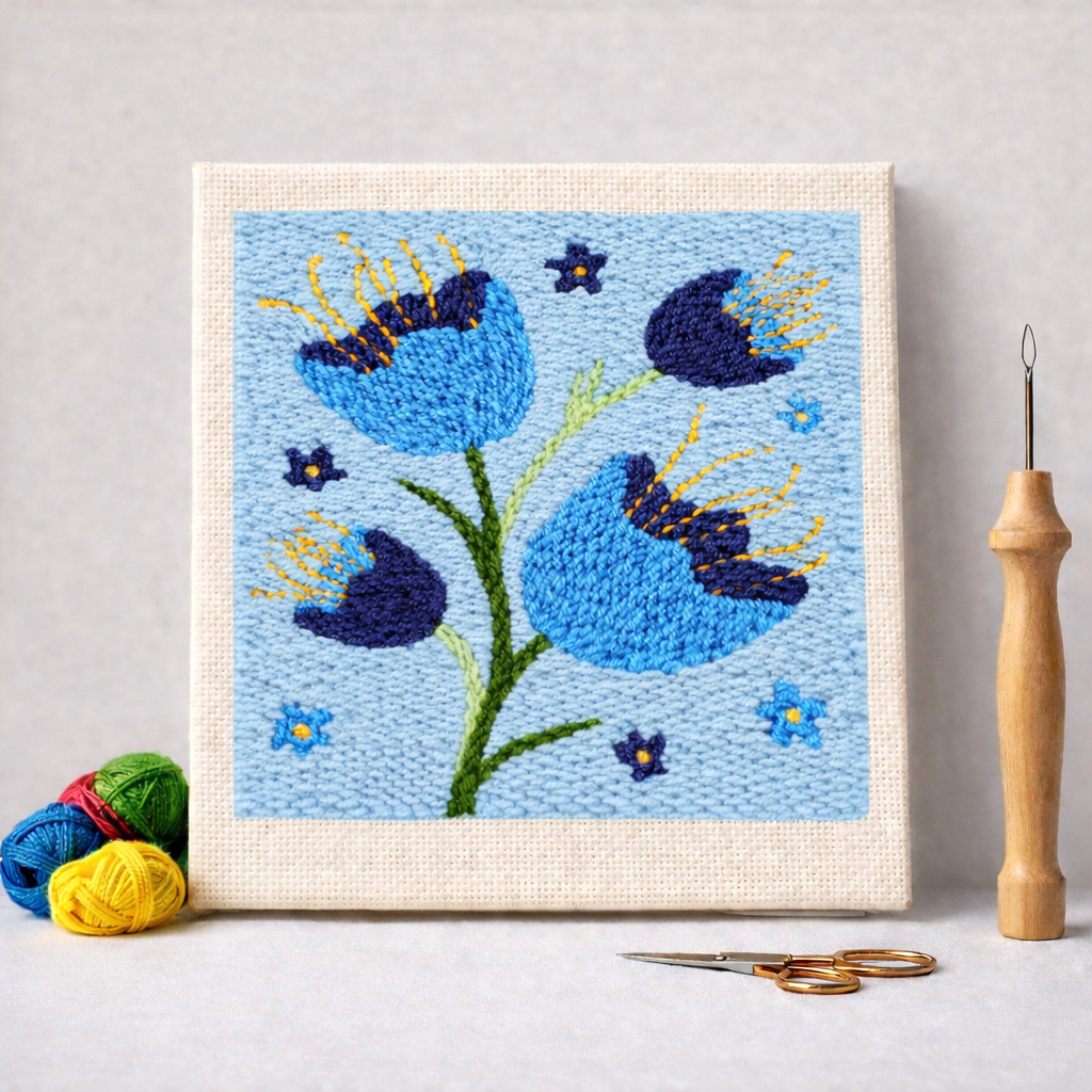 Punch Needle – Blue Flowers in the Field