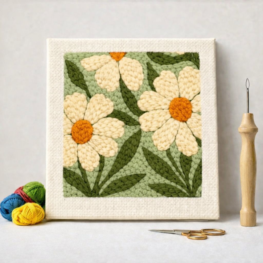 Punch Needle – White Flowers on Green Background