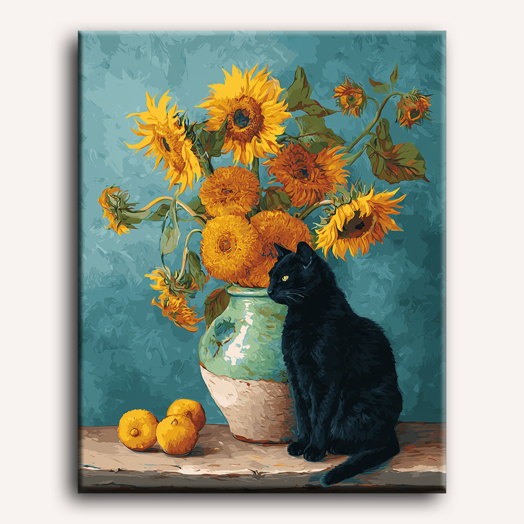 Famous sunflowers and a black cat | Paint by Number